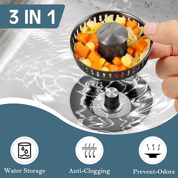 Kitchen Sink Drain Strainer 3 Pack, 304 Stainless Steel Pop Up Sink Stopper, Anti-Clogging Sink Drain Strainer for US Standard Kitchen Drain (Gunmetal Gray)