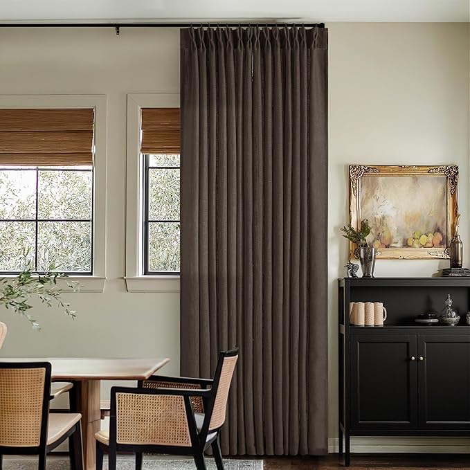 Dark Chocolate Pinch Pleated Linen Curtains 2 Panels for Living Room Bedroom Memory Training Shaped Semi Sheer Pleat Drapes with Hooks Rings Light Filtering Window Curtain 40x102