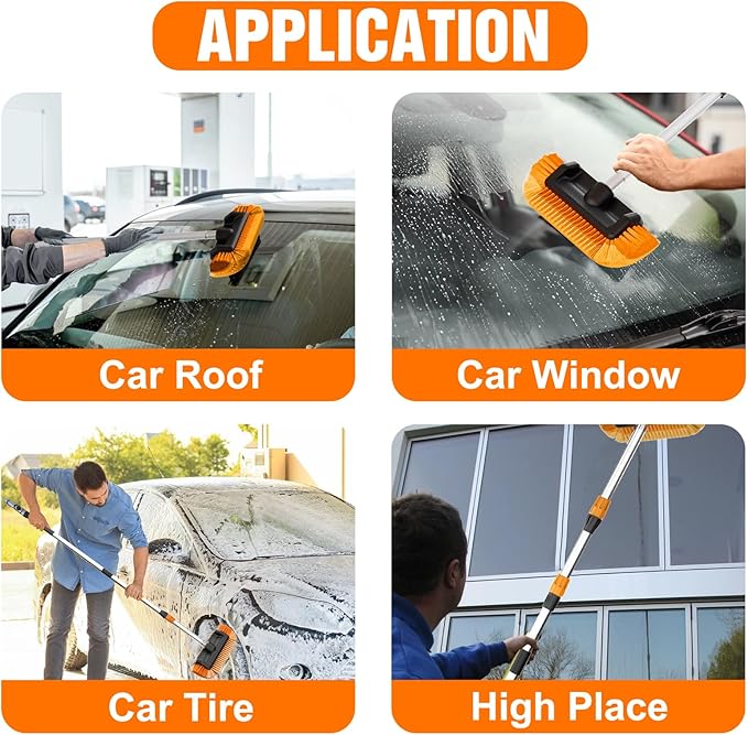 12FT Car Wash Brush with Long Handle, Car Cleaning Brush with 12 Inch Soft Bristle and Soap Dispenser, Solar Panels Cleaner with Telescoping Pole for RV, Truck, Boat, House Siding, Orange