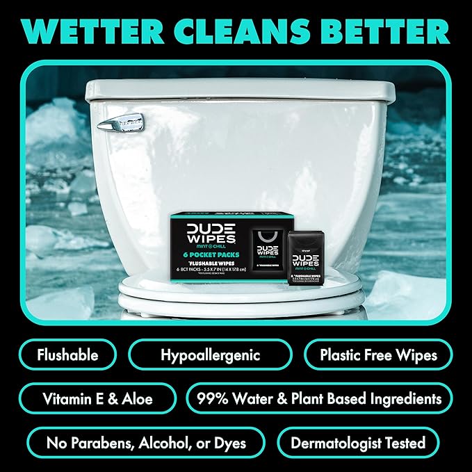 DUDE Wipes Mint Chill Pocket Packs - Travel Wipes - 12 Packs of 8 (96 Count) - On-The-Go Adult Flushable Wipes - Infused with Tea Tree Oil, Vitamin E, and Aloe - Septic and Sewer Safe