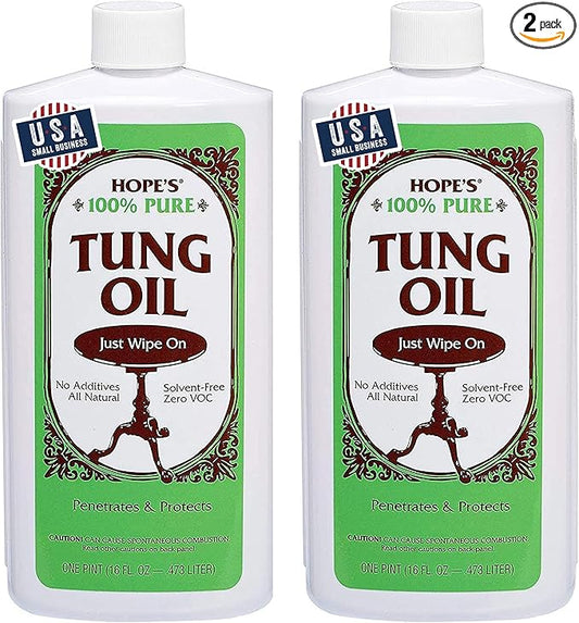 HOPE'S 100% Pure Tung Oil, Food Safe, Premium Waterproof Natural Wood Finish and Sealer for Indoor and Outdoor Projects,16 Fl Oz, 2 Pack