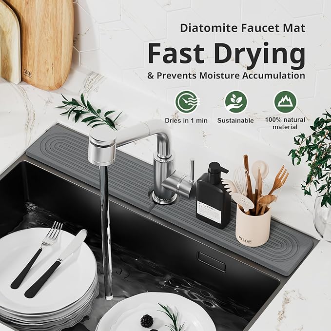 Quick Dry Sink Splash Guard - Extended 23.6" Splash Guard for Kitchen and Bathroom Countertops - Absorbent Diatomaceous Earth Faucet Mat - Dark Gray