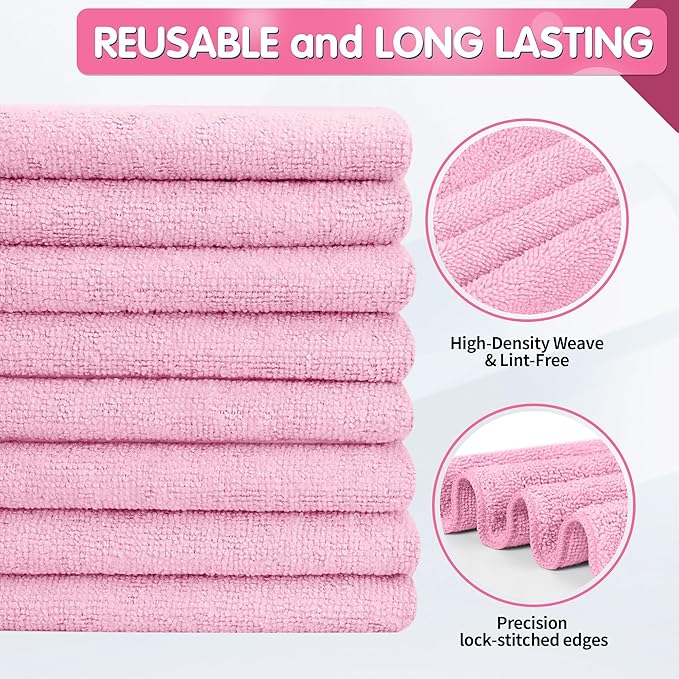FIXSMITH Pink Microfiber Cleaning Cloth -Pack of 12, Highly Absorbent Cleaning Rags, 16"X12" All Purpose Cleaning Towels for Housekeeping, Kitchen, Car, Lint Free and Reusable Microfiber Towels