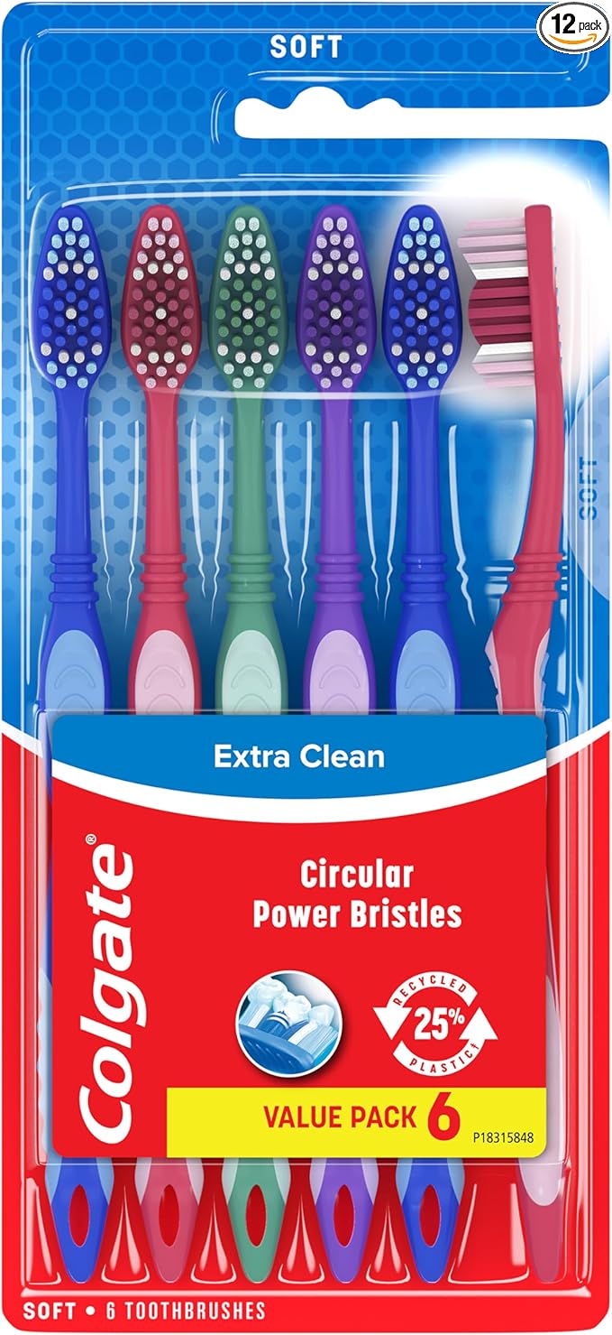 Colgate Extra Clean Toothbrush,Soft Toothbrush for Adults,6 Count (Pack of 12)