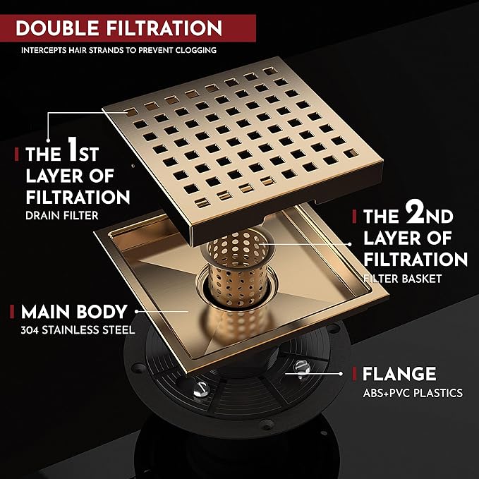 WEBANG 6 Inch Square Shower Floor Drain with Flange,Quadrato Pattern Grate Removable,Food-Grade SUS 304 Stainless Steel,Watermark&CUPC Certified,Champagne Bronze