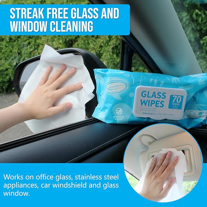 Air Jungles Glass Cleaner Wipes 70 Count, No Cloth Needed, XL 10" x 8" Streak Free Cleaning Wipes for Windows, Mirrors, Car Windshield, Removes Fingerprints, Dust, Dirt, for All Glass Surfaces
