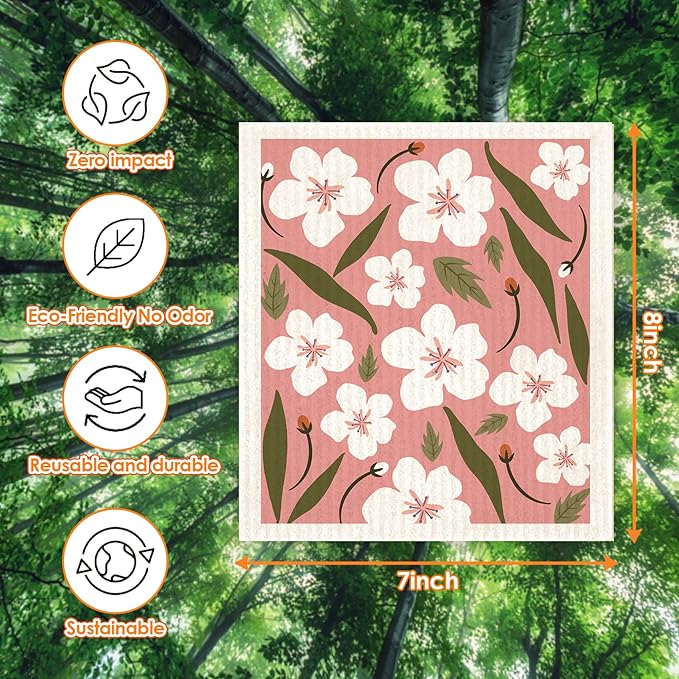 Swedish Dishcloths for Kitchen 6 Pack Flowers Cellulose Sponge Cloths Non Scratch Reusable Paper Towels No Odor, Biodegradable and Reusable Kitchen Dish Rags (Wildflowers)