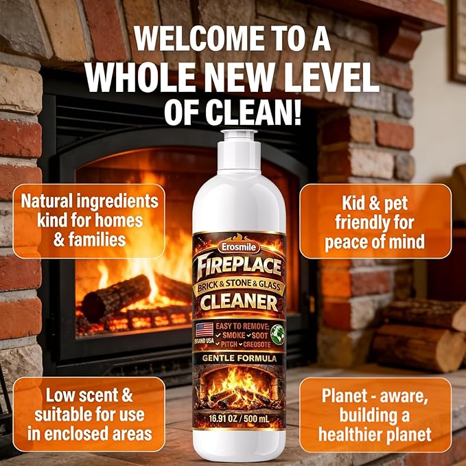 Fireplace Cleaning Set Fireplace Soot Remover with Scrub Brush for Brick, Stone, Rock, Tile, and Marble – Nonabrasive Brick Cleaner, Gentle Formula for Bricks & Glass Indoor and Outdoor -16 oz