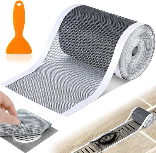 1 Pack 4 Inch x 33 ft Linear Shower Drain Hair Catcher Screen Disposable Adhesive Cutable Mesh Shower Drain Cover Stickers for Linear DIY Floor with Removal Tool for Bathroom Kitchen Bathtub