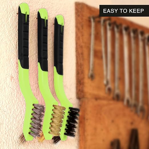 Wire Brush Set 3Pcs - Nylon/Brass/Stainless Steel Bristles with Curved Handle Grip for Rust, Dirt & Paint Scrubbing with Deep Cleaning – 7 Inches (Green)