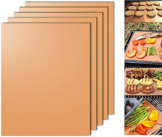Dailyart Copper Grill Mats for Outdoor Grill, Set of 5 BBQ Grilling Mats for Outdoor Reusable & Easy to Clean & Non-Stick Copper Grill Sheets - Barbecue Grill Accessories for Gas, Charcoal, Electric