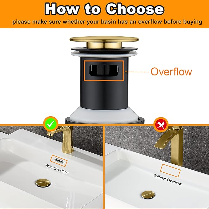 Pop up Bahtroom Sink Drain with Overflow, Brushed Gold Vessel Sink Drain for Bathroom Assembly, Anti Clogging Bathroom Sink Stopper, Suit for 1 3/4 Hole