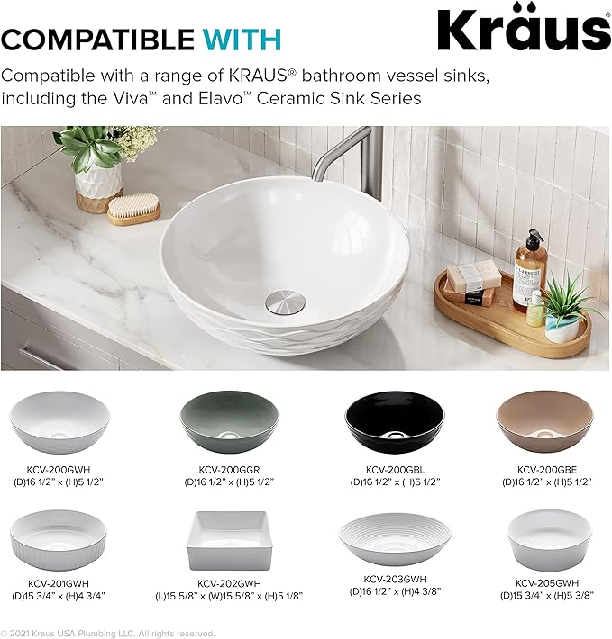 KRAUS Bathroom Sink Pop-Up Drain Assembly in Satin Nickel for Vessel Sinks and Sinks without Overflow, with Extended Thread for Thicker Countertops, PU-L10SN