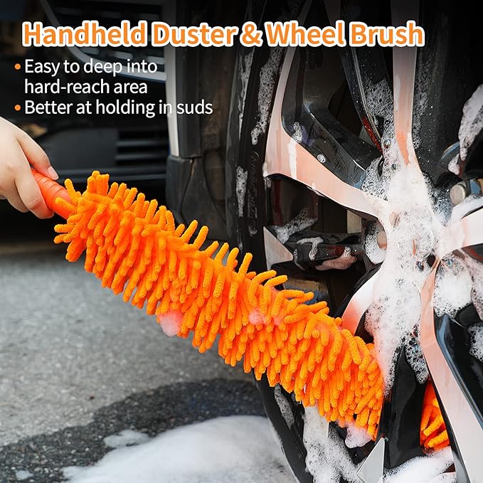 Wontolf 62'' Car Wash Brush with Long Handle Chenille Microfiber Car Wash Mop Car Washing Brush Cleaning Kit Windshield Window Squeegee Wheel Brush Car Duster Dry Towels for Cars RV Truck Boat 10PCS