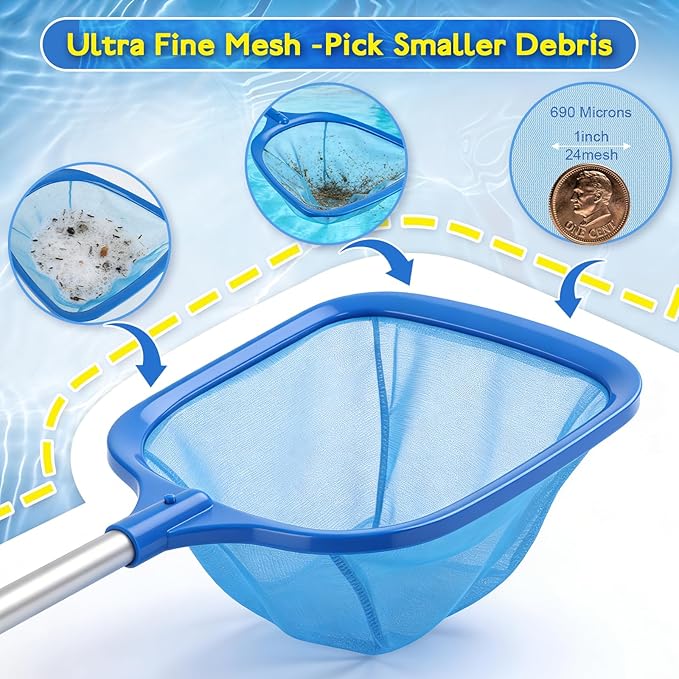FEED GARDEN Hot Tub Pool Skimmer Spa Net with 12'' Aluminum Pole 11" x25" Blue Mesh, 6-Inch Deep for Small Above Ground Pools Pick Up Fine Debris Lightweight Leaf Net