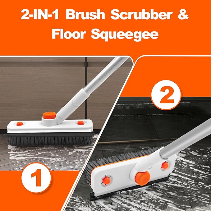 Pole Tub and Tile Scrubber - 60" Extendable Tub Brush Scrubber with Long Handle, 360° Rotating Head & 2 Non-Scratch Attachments for Shower, Bathtub, Tile & Floor