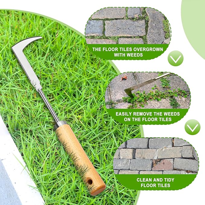 Moss Remover Brush Crack Weeder Tool Stainless Steel Crevice Weeder with 2 Brush Heads - Long Handle Weed Puller for Deck, Patio, Walkway, Driveway Crevice Cleaning Tool (Moss Remover Tool-2)