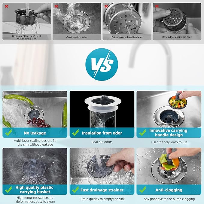 Hibbent 2 Pack 3 in 1 Kitchen Sink Drain Strainer, Stainless Steel Wrapped Shell Drain Stopper Combo, Pop Up Sink Stopper, Anti-Clogging Strainer with Foldable Handle for US Standard 3-1/2" Drain