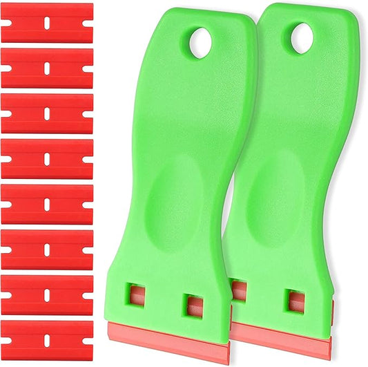 2-Pack Plastic Razor Scraper Tool with 8 Double-Edged Blades - Scratch-Free Sticker & Decal Remover for Car Windshield, Glass, Kitchen Cooktop, Label & Glue Residue - Safe Ergonomic Cleaning Gadget