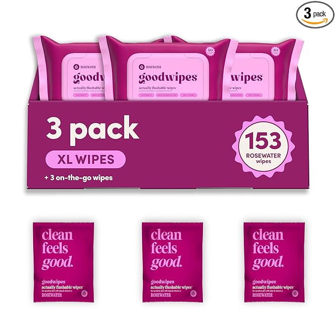 goodwipes Flushable Wipes - Rosewater Wet Wipes for Adults, Sewer & Septic Safe, Guest Bathroom Essentials for Women & Men, pH Balanced & Extra Large, 153 Count (3 Packs and 3 Singles)