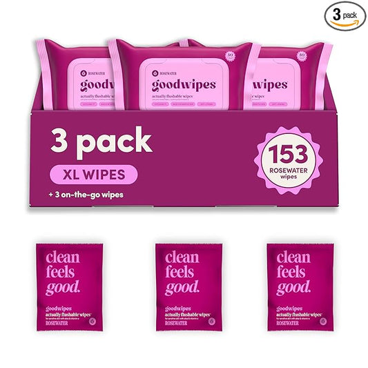 goodwipes Flushable Wipes - Rosewater Wet Wipes for Adults, Sewer & Septic Safe, Guest Bathroom Essentials for Women & Men, pH Balanced & Extra Large, 153 Count (3 Packs and 3 Singles)