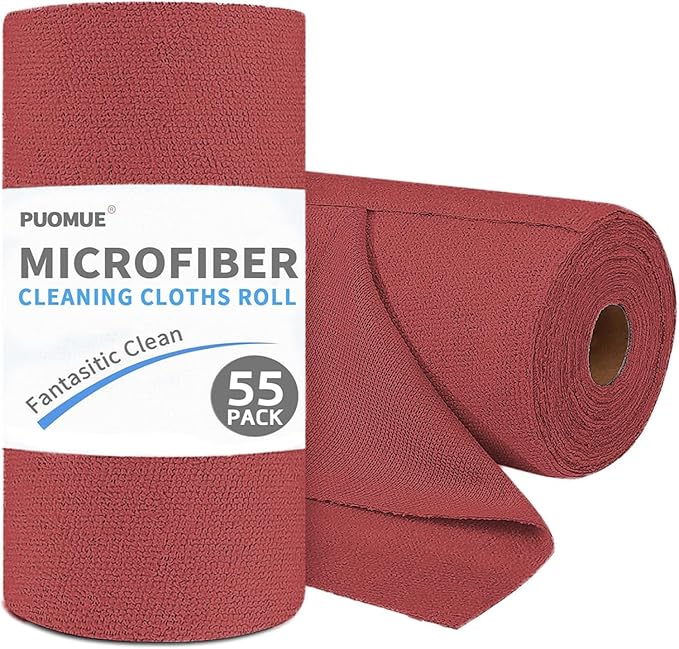 Puomue 55 Pack Microfiber Cleaning Cloth Roll, Tear Away Reusable Paper Towels, 11" X 9", Ultra Absorbent & Lint Free Microfiber Cloth for Cleaning Cars, Kitchen, Window, Home and Shop, Burgundy Red