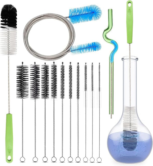 Set of 12 Tube Pipe Cleaners Kit - for Cleaning Narrow Neck Bottle, Curved Glass Tube, Hard-to-Reach Crevices,17” Long Handle Brush,8.2” Multi-Diameters Brushes,35” Flexible Dual-Head Cleaner