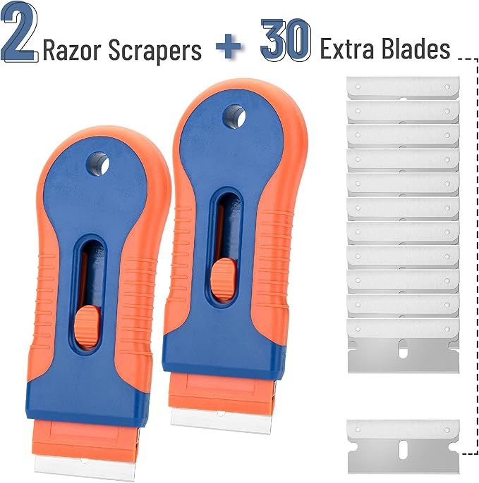 Bates- Razor Blade Scraper Tool, 2 Pack, 30 Extra Steel Blades, Anti-Slip Ergonomic Handle Design, Razor Scraper Set for Cleaning Window, Paint, Oven, Glass, Stove