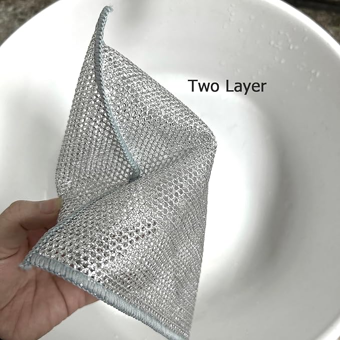 10 PCS Double Layer Stainless Steel Cleaning Cloth Non Scratch Steel Mesh Dishwashing Cloths 20x20 cm Quick Dry Two Layer Metallic Wire Dish Cleaning Rag Towel for Kitchen Dish Sink Stove Top
