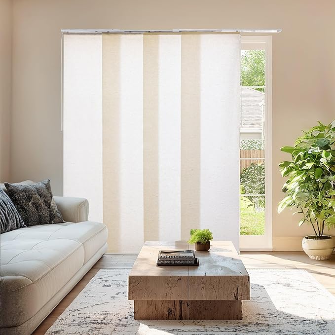 CHICOLOGY Panel Track Blinds for Sliding Glass Door & Patio Door, Embossed Textured Weave Fabric Room Divider, Country Ivory Light Filtering, 4 x 23 Panels, Adjustable Track 46-86", Trim H to 96"