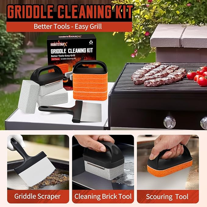 Griddle Cleaning Kit for Blackstone – Grill Stone, Non-Scratch Scouring Pads, Heavy-Duty Scraper & Ergonomic Handles – Flat Top Grill Accessories (12PCS Orange)