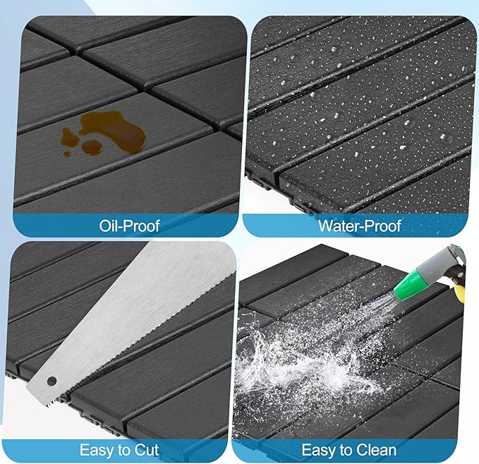 ToLanbbt Plastic Interlocking Deck Tiles 9 Pack 12"x12" Waterproof Indoor Outdoor Composite Patio Flooring Decking Tiles All Weather Use for Patio Porch Balcony Backyard Poolside, Dark Grey