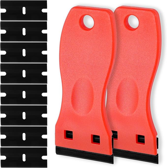 2 Pack Non-Scratch Plastic Scrapers, 8 Replacement Razor Blades, House & Car Cleaning Tool for Glass, Cooktop, Oven, Stove, Remove Stain, Paint, Glue (black red)