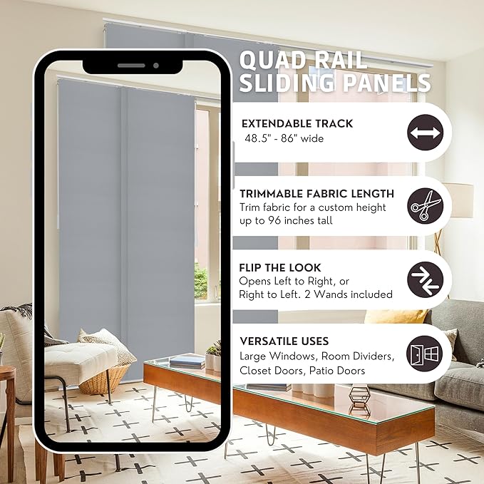 CHICOLOGY Sliding Door Blinds , Blinds for Sliding Glass Doors , Sliding Glass Door Blinds , Vertical Blinds for Patio Doors , Room Divider , Skyrise Grey (Light Filtering) W:46-86 x H: 0-96 inch