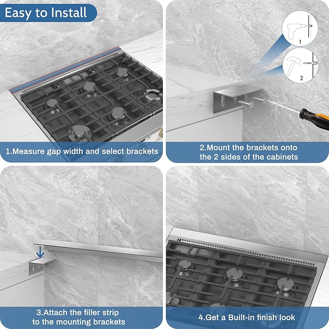 30" Slide-in Range Rear Filler Kit W10113901A with 2pcs Silicone Stove Gap Covers, Cooktop Trim Kit Between Stove and Backsplash for Whirlpool & Most Brand, 316 Stainless Steel (Silver)