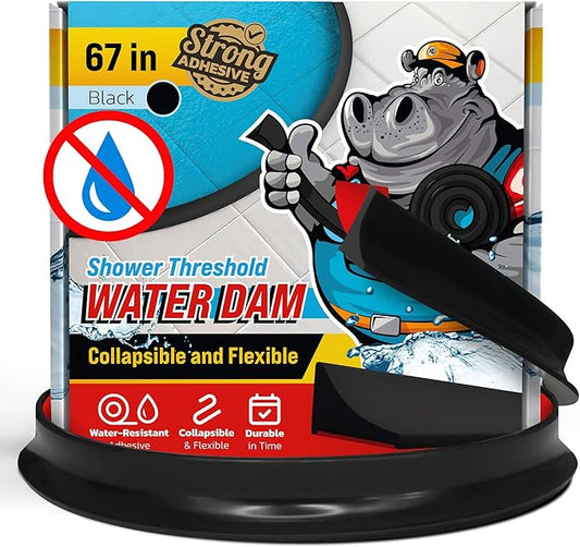 Shower Threshold Water Dam Barrier 67" - Black Collapsible Walk in Shower Water Guard - Door Bottom Seal Strip Leak Guard by Hippo Dam