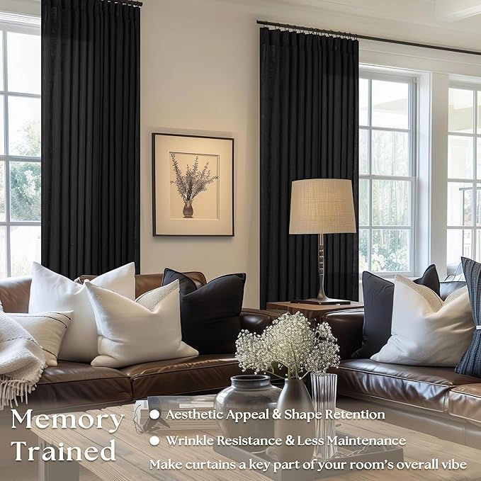Pinch Pleated Black Linen Curtains 96 Inches Long for Living Room Bedroom Light Filtering Boho Window Drape 96 Inch 2 Panels with Hooks Rings 8ft Black Sliding Glass Door Semi Sheer Curtain