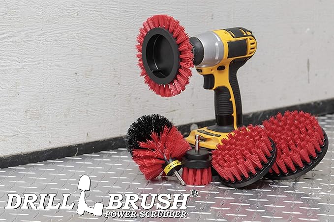 Red Stiff Bristle 5 Piece Cleaning Brush Kit - Outdoor Power Scrubber Brush Kit - Garden, Deck, and Patio Cleaning Tools Set - Concrete Stain Remover - Garden, and Lawn Equipment Cleaning Brush Set