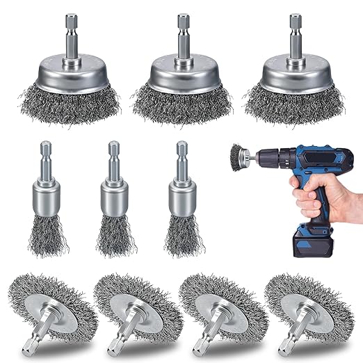 10 Pcs Drill Wire Brushes Coarse Carbon Steel Crimping Wire Wheel Cup Brushes, 1/4 Inch Hex Shank – Suitable for Rust Cleaning, Stripping & Abrasive Applications