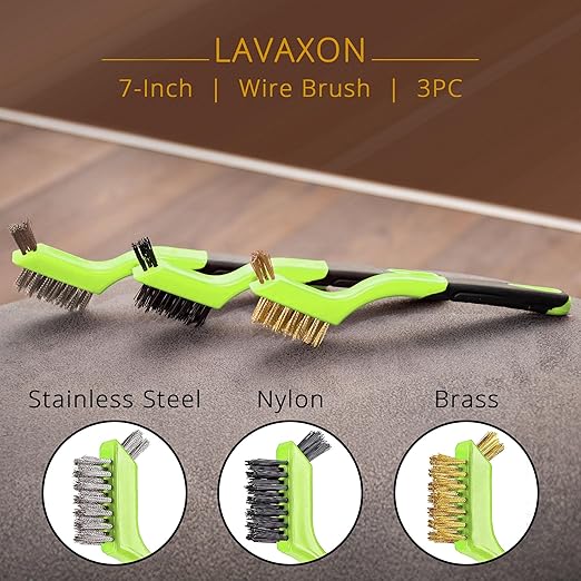 Wire Brush Set 3Pcs - Nylon/Brass/Stainless Steel Bristles with Curved Handle Grip for Rust, Dirt & Paint Scrubbing with Deep Cleaning – 7 Inches (Green)