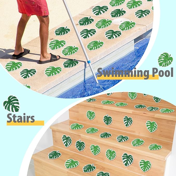 Yaomiao 24 Pcs Palm Leaves Non Slip Bathtub Stickers Shower Stickers Anti Slip Decal Threads Adhesive Appliques with Scraper Adhesive Decals for Safety Bathroom Tubs, Shower Floor, Stairs