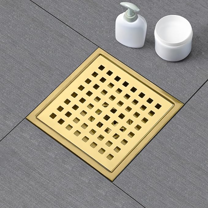 SaniteModar Shower Drain, 6 inch Shower Floor Square Drain with Flange, Removeable Grid Panel SUS 304 Stainless Steel Square Shower Drain, Brushed Gold