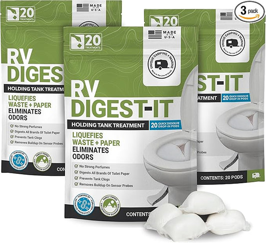 Unique RV Digest-It RV Toilet Treatment, Drop-In Pod - Convenient, Dissolvable, Mess-Free - Eliminates Odors and Liquifies Waste (60 Pods)
