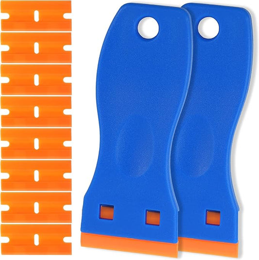 2 Pack Non-Scratch Plastic Scrapers, 8 Replacement Razor Blades, House & Car Cleaning Tool for Glass, Cooktop, Oven, Stove, Remove Stain, Paint, Glue (orange blue)