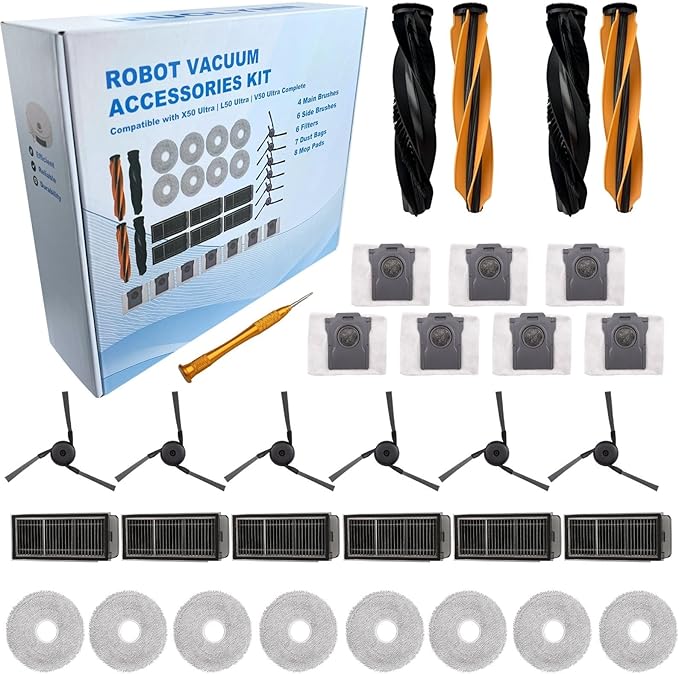 Robot Vacuum Replacement Accessories Kit Compatible with Dreame L50 Ultra, Dreame X50 Ultra, Mova V50 Ultra, Dreame L40s Ultra - 8 Mop Pad,7 Dust Bag,6 Side Brush,6 Filter,2 Detangling Dual Main Brush