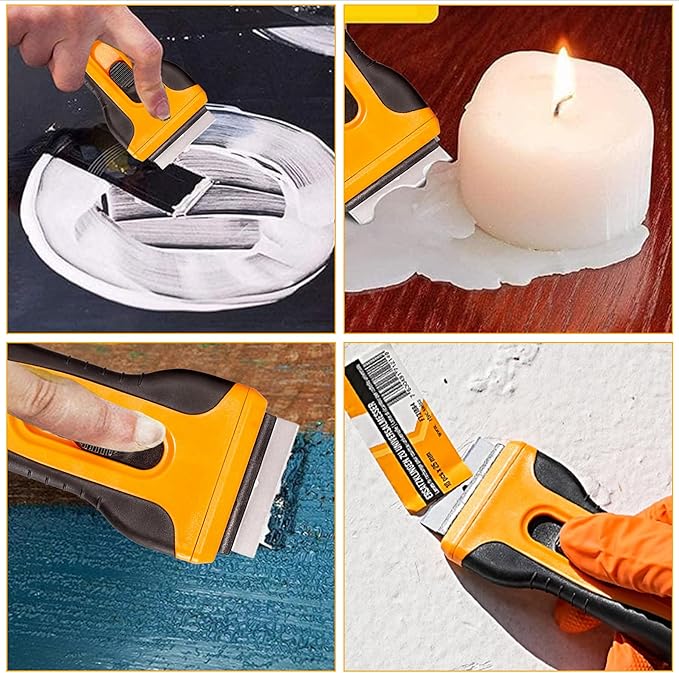 Razor Blade Scraper Tool Cleaning Sticky Residue Cooking Stains Paint on Glass Window Multi-Surface Handy Paint Scraper with 15pcs SK5 Blades 2pcs Crevice Cleaning Brush Included