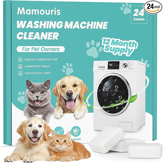 Washing Machine Cleaner Tablets: 24 Pack Deep Cleaning For HE, Front Loader & Top Load Washer, Removes Pet Hair, Odors, Formulated for Pet Owners, Septic Safe, 12 Month Supply, 11G