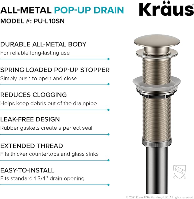 KRAUS Bathroom Sink Pop-Up Drain Assembly in Satin Nickel for Vessel Sinks and Sinks without Overflow, with Extended Thread for Thicker Countertops, PU-L10SN