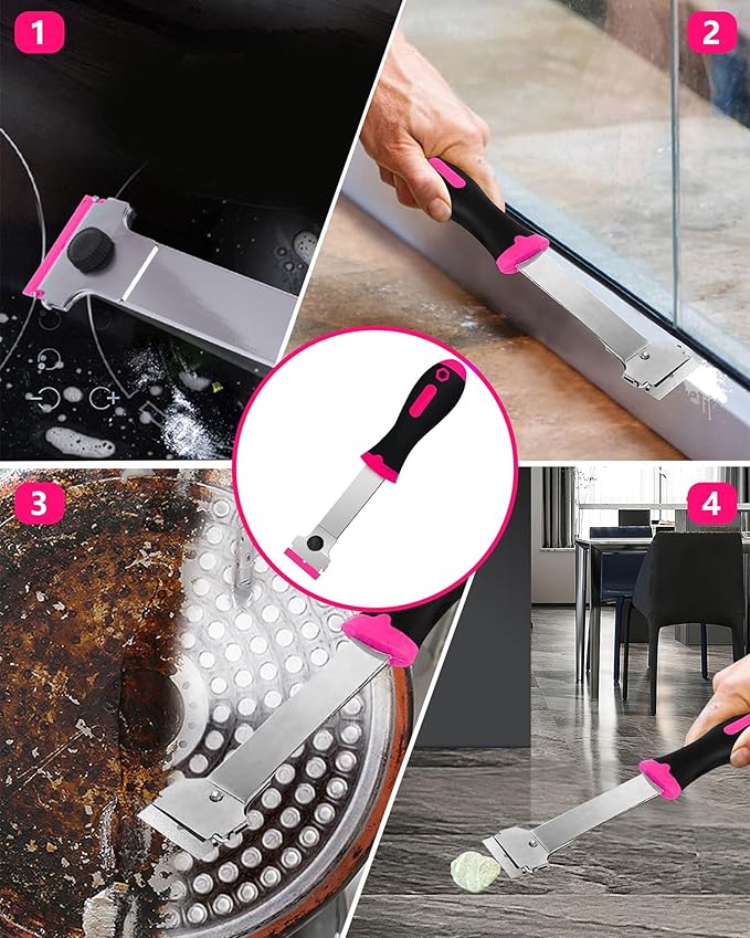 Razor Blade Scraper,Long Handle Razor Scraper with 10 Plastic and 10 Metal Blades - Perfect for Removing Labels, Stickers, Registration Stickers, and Grease from Windshields, Tint, and Glass (Pink)