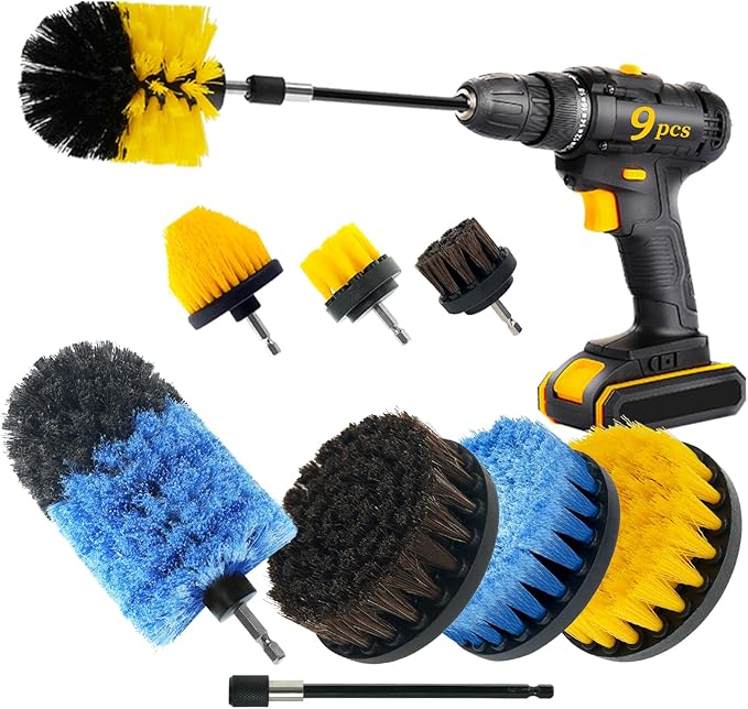 9 Pcs Drill Brush Attachments Set Hard and Soft Bristles Horsehair Brush Cleaning Kit for Home Bathroom Car Kitchen Corners Sink Stubborn Stains Tiles